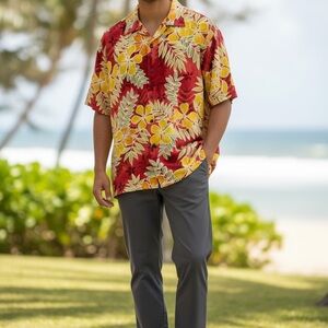 Tommy Bahama 100% Silk Tropical Red and Yellow Shirt Size M
